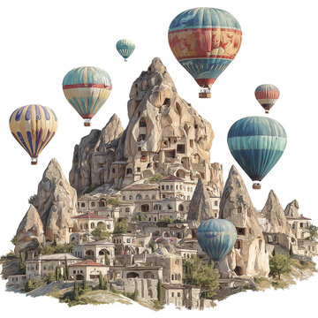 Cappadocia (Fairy Chimneys and Hot Air Balloons) Isolated on Transparent Background. PNG