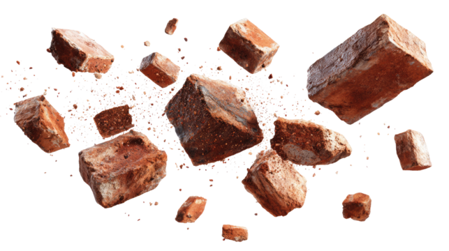 Floating Bricks and Small Pieces of Bricks isolated on transparent background Remove png, Clipping Path, pen tool