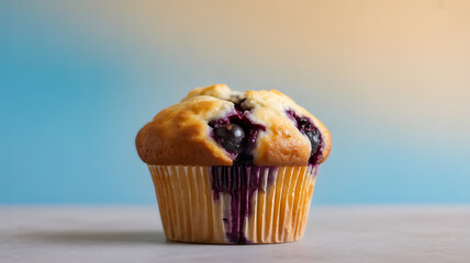 A freshly baked blueberry muffin with burst berries and golden crust on a light surface against a gradient background