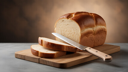 Sliced loaf of bread on a wooden cutting board with a serrated knife