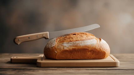 A freshly baked loaf of bread on a wooden cutting board with a serrated knife resting on top