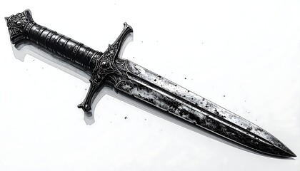 Ancient, ornate dagger with a dark, weathered blade, on white