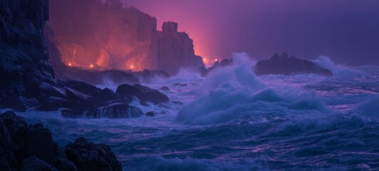 Towering coastal cliffs with waves violently crashing below, glowing spray illuminated by orange-pink sunset, seafoam patterns, and dramatic ocean landscape with immense force