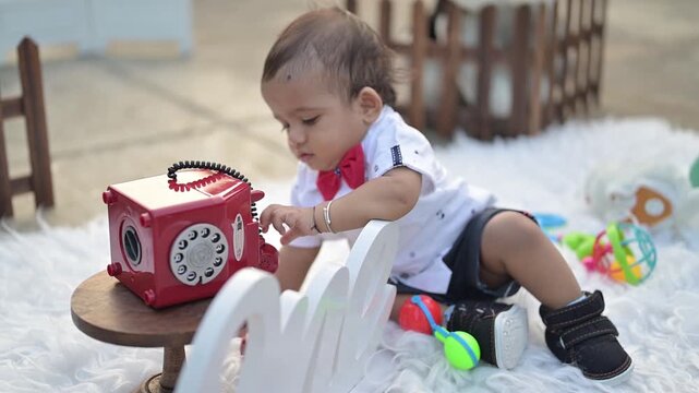 An adorable baby crawling on a soft white rug in an outdoor photoshoot setup, surrounded by decorative props such as a vintage telephone, wooden fence, stuffed toy, Eiffel Tower model, and date calend