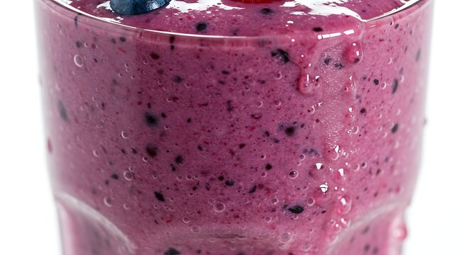 Close-up of a refreshing, vibrant, mixed berry smoothie in a textured glass