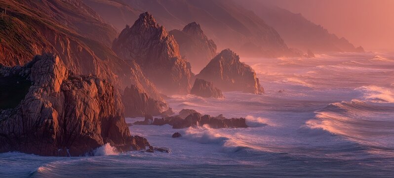 Towering coastal cliffs with waves violently crashing below, glowing spray illuminated by orange-pink sunset, seafoam patterns, and dramatic ocean landscape with immense force - Powered by Adobe