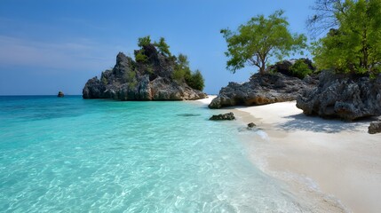 Fototapeta premium A serene tropical beach with white sand and turquoise waters nestled between lush greenery and rocky outcrops. Gentle waves lap at the shore, creating a tranquil paradise ideal for relaxation.