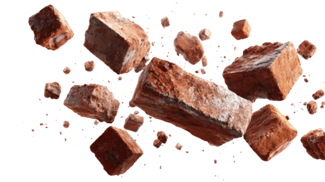 Floating Bricks and Small Pieces of Bricks isolated on transparent background Remove png, Clipping Path, pen tool