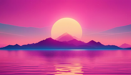 Beautiful sunset over mountains with vibrant sky and calm water reflecting pink and purple hues Generative AI