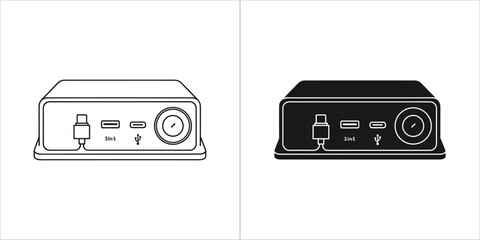 Obraz premium Audio interface with ports and knob, line art and solid icon