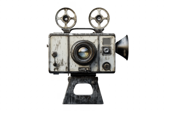 Vintage camera with weathered white casing isolated on a transparent background