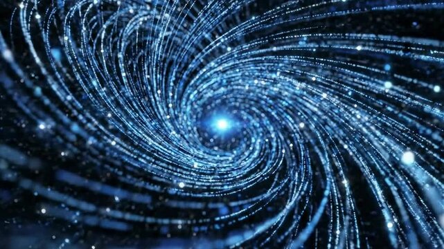 An abstract spiral galaxy of glowing blue particles and light trails moving in a futuristic vortex