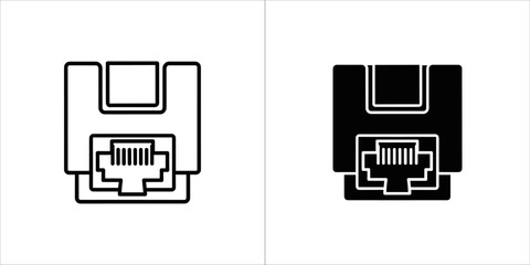 Two icons of a network port, one outlined and one solid black