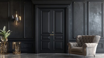 Luxurious black interior room with a grand door and armchair