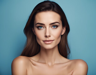 Beautiful young woman with long brown hair and captivating blue eyes against a soft blue background Generative AI