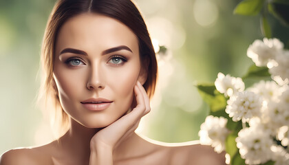 Beautiful young woman with stunning eyes poses gently next to blooming flowers in a serene outdoor setting Generative AI