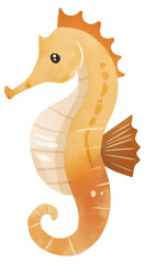 Fototapeta premium Colorful seahorse illustration with playful design and warm tones for marine art lovers isolated on transparent background.
