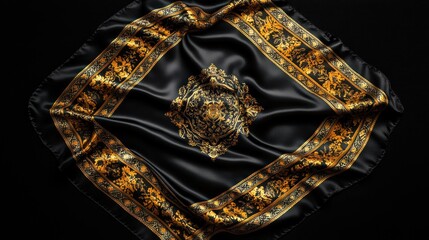 Luxurious black silk scarf with gold patterns draped on dark background