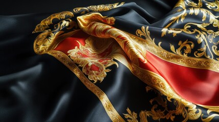 Luxurious black silk scarf with gold and red patterns draped on dark background