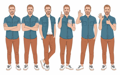 Obraz premium A collection of a young man with a beard in casual wear, shown in six different poses and gestures.