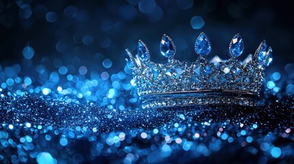 Luxurious blue crown on a sparkling blue background