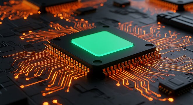 Close up of a central processing unit with glowing circuits and green core