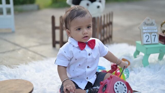 An adorable baby crawling on a soft white rug in an outdoor photoshoot setup, surrounded by decorative props such as a vintage telephone, wooden fence, stuffed toy, Eiffel Tower model, and date calend