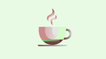 Minimalist coffee cup vector illustration with soft pastel gradient colors on a light background. This modern flat design shows a steaming cup of hot coffee, perfect for café branding, morning beverag