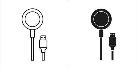 Set of two icons outline and filled smartwatch charger with usb cable