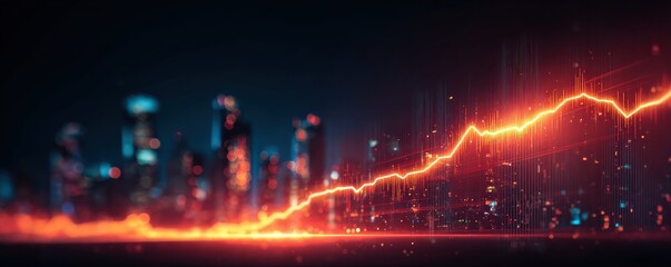 A vibrant city skyline with a glowing upward trend line, symbolizing growth and progress in a digital landscape.