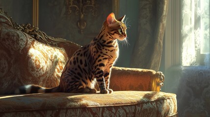 Luxurious cat sits on ornate couch in sunlit room