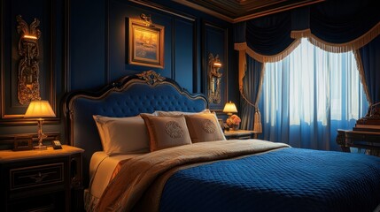 Luxurious blue bedroom with ornate details, city view