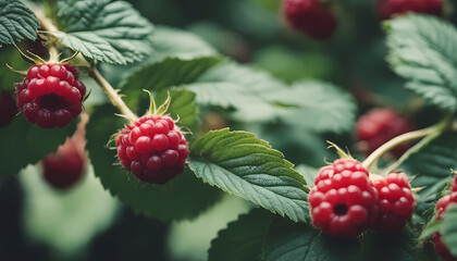 Freshly ripened raspberries grow on branches surrounded by green leaves in a garden during summer Generative AI