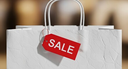 White shopping bag with sale tag on blurred background representing Black Friday  