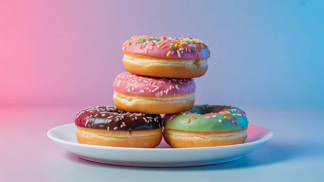 A stack of colorful frosted donuts with sprinkles on a white plate against a gradient background