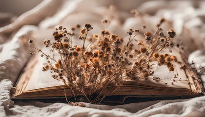 Open book surrounded by dried flowers on soft bedding in a cozy room during afternoon sunlight Generative AI