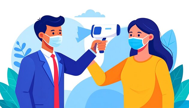 Cartoon figures in masks, taking temperature with a contactless thermometer