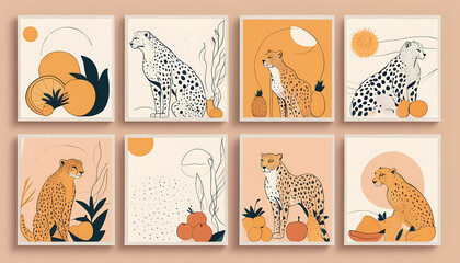 Colorful illustrations of leopards and tropical fruits showcase vibrant art style and modern design elements Generative AI