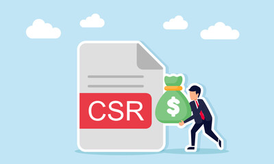 Obraz premium Businessman carrying a money bag near a document labeled CSR illustration of company social responsibility in business