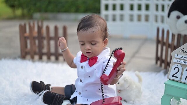 An adorable baby crawling on a soft white rug in an outdoor photoshoot setup, surrounded by decorative props such as a vintage telephone, wooden fence, stuffed toy, Eiffel Tower model, and date calend