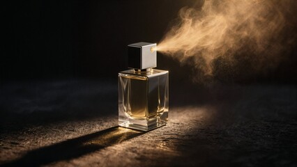 Perfume bottle with golden mist on dark background