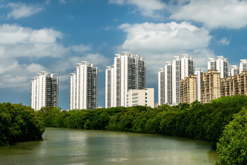 new residential quarter with typical skyscraper buildings among greenery in Santa. Tourism...
