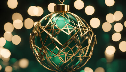 Golden decorative ornament shines brightly against a green backdrop with festive bokeh lights during the holiday season Generative AI