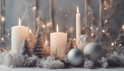 Beautiful winter scene with candles, snow, and decorative elements creating a cozy atmosphere in a festive setting Generative AI