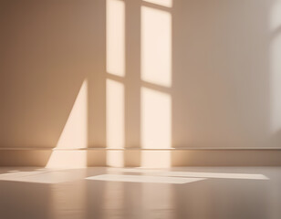 Natural sunlight creates geometric shadows on a simple wall and floor in a minimalistic room during the afternoon Generative AI