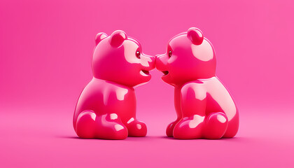 Two bright pink gummy bears in a playful moment on a vibrant pink background during a cheerful setting Generative AI