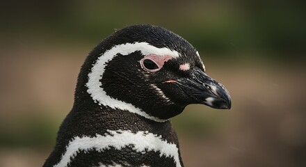 Close up of a penguin head showing detailed feathers and eye structure