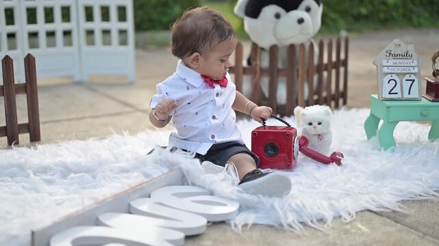 An adorable baby crawling on a soft white rug in an outdoor photoshoot setup, surrounded by decorative props such as a vintage telephone, wooden fence, stuffed toy, Eiffel Tower model, and date calend