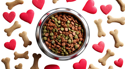 Flat lay of a silver metal pet bowl filled with a mixture of red-brown and green kibble. Various bone shaped dog biscuits and small red heart-shaped treats surround the bowl.