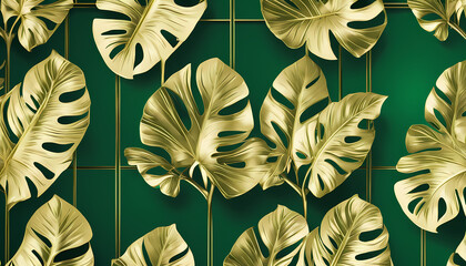 Vibrant gold monstera leaves on a rich green background create an elegant tropical design for home decor or events Generative AI